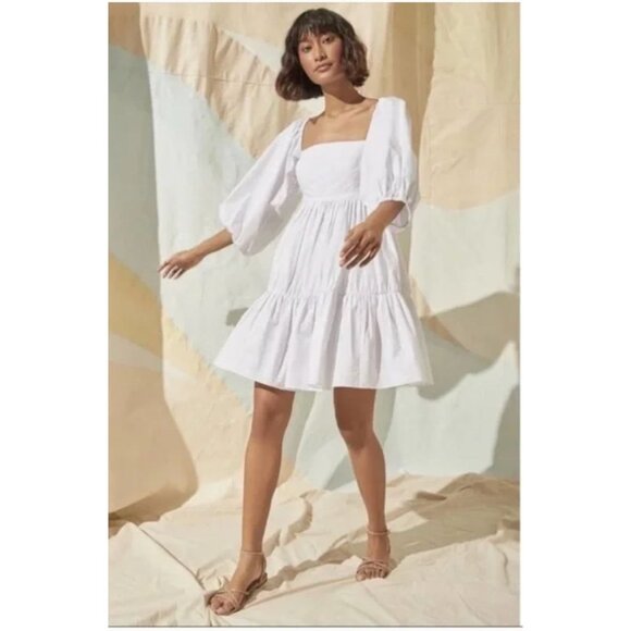 Cara Cara White Puff Sleeve Sip Sip Mini Dress - Size M - Picture 1 of 9